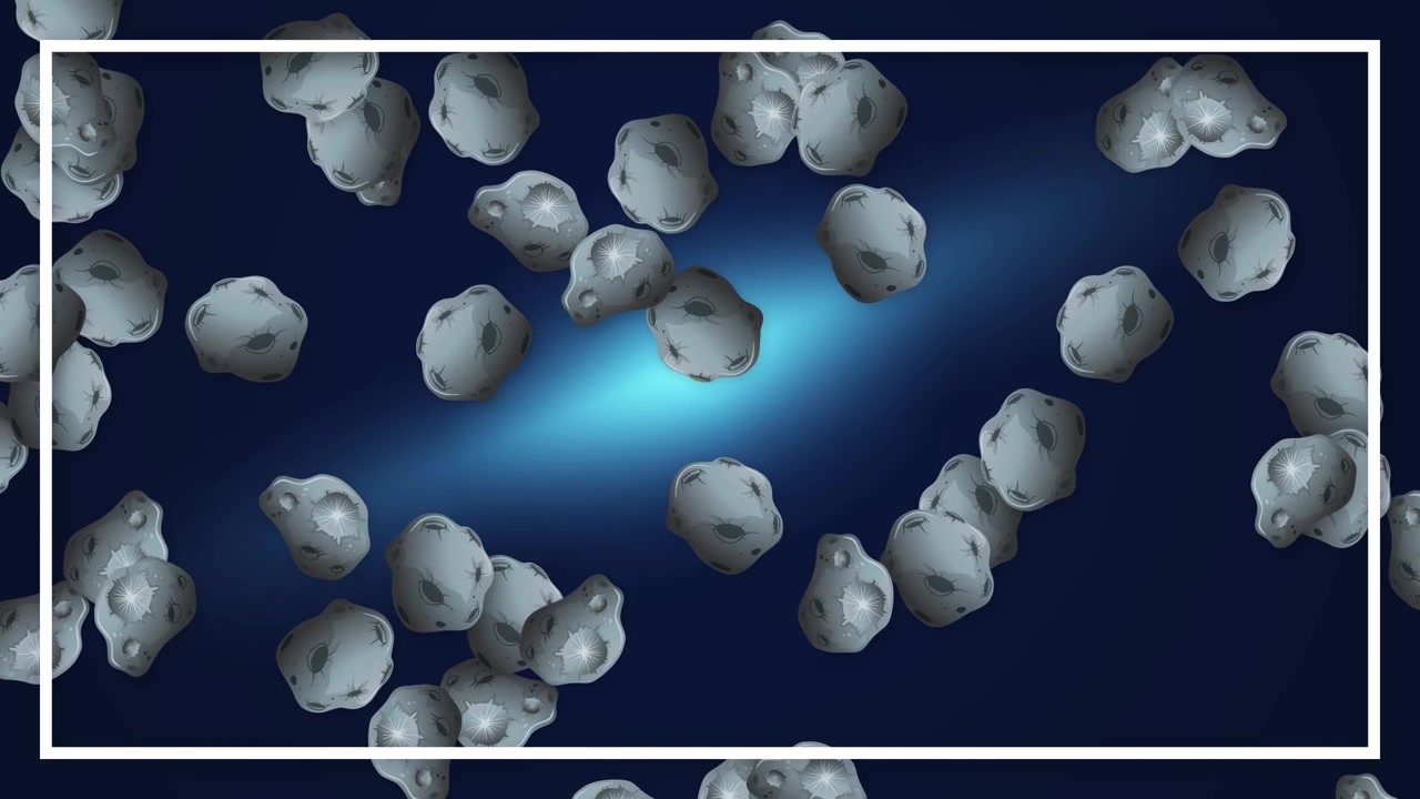 Animated gray asteroids fall vertically against a dark blue cosmic background with glowing nebula light.