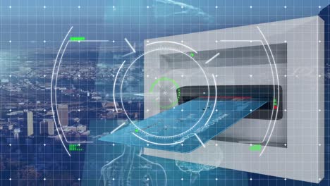 Animation-Der-Datenverarbeitung-über-Kreditkarte-Und-Stadtbild