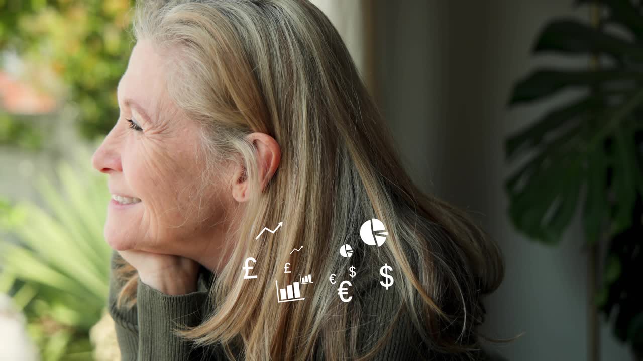 Mature woman at window resting gazing as finance £€$ charts floating near shoulder about savings