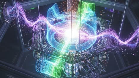 an intricate energy matrix: a dynamic visualization of futuristic technology and power flow pulsating through a high-energy reactor