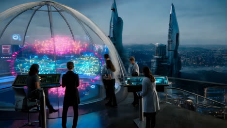 futuristic research conference in a transparent dome