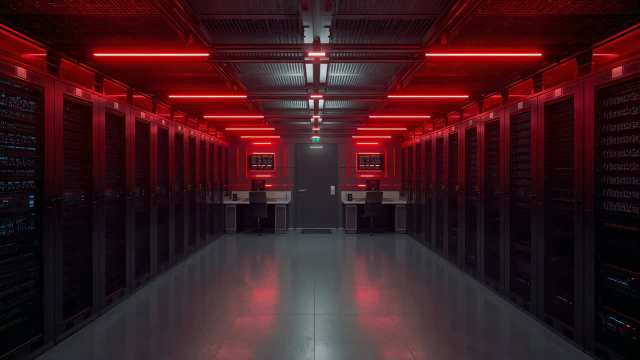 Framing central server aisle, with rack faces reflecting red LED strips and workstations on floor