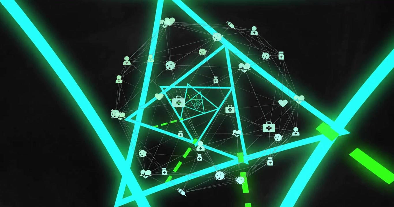 Animated Medical Network Sphere with Expanding Neon Triangles