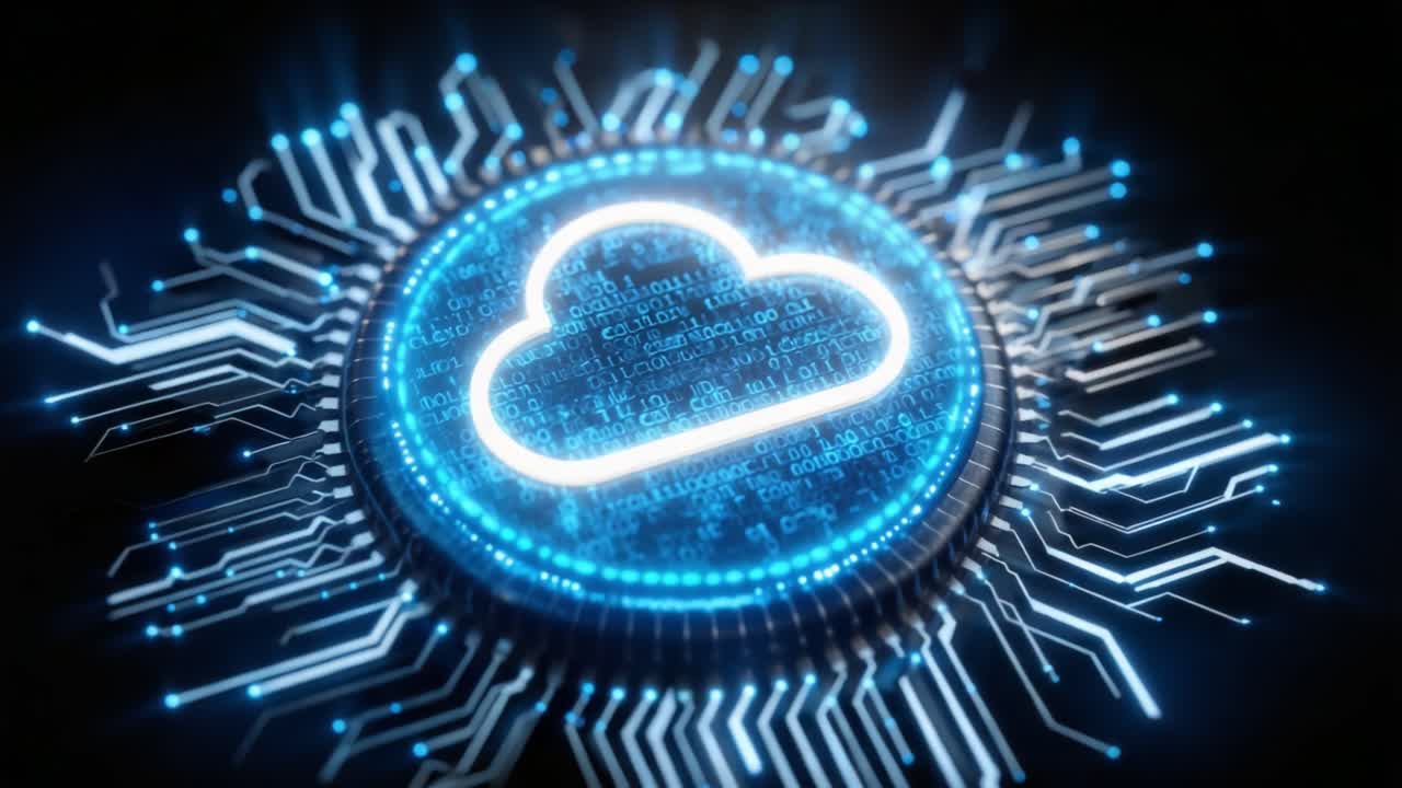A futuristic representation of cloud computing, showcasing a glowing cloud symbol at the center of a digital circuit design, symbolizing the integration of technology and data storage