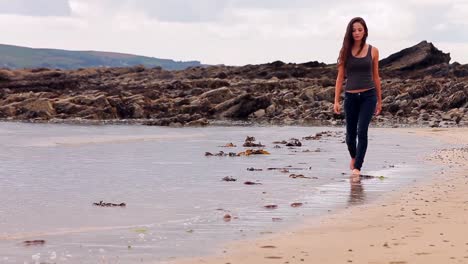 pretty brunette walking along the water by the beach