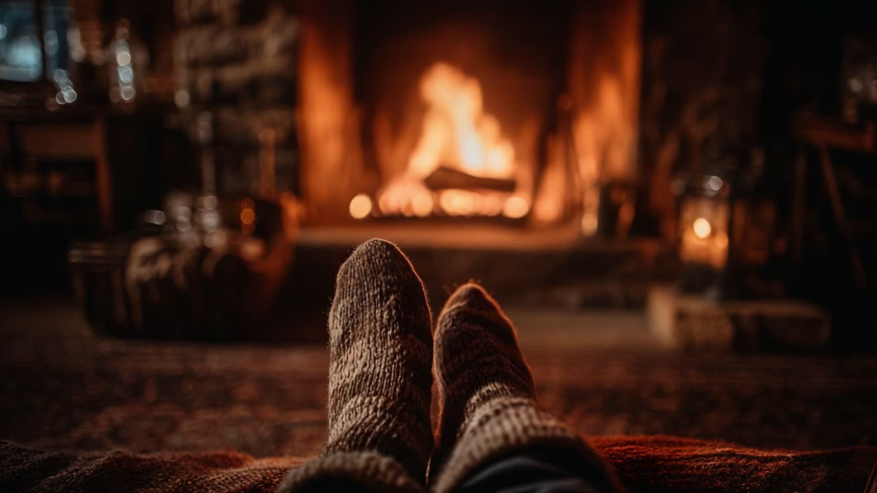 Cozy Winter Evening by the Fireplace: A Warm and Inviting Scene of Comfort with Knitted Socks and a Flickering Fire, Perfect for Relaxation and Tranquility