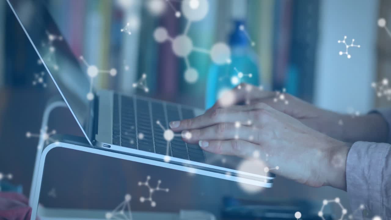 노트북을 사용하는 백인 여성 위의 모양의 애니메이션