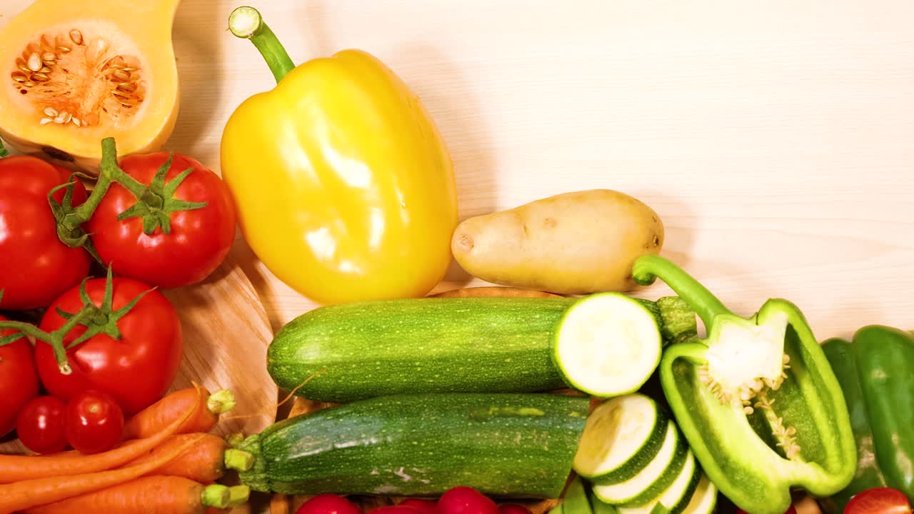 테이블 에 끔 히 배열 된 여러 가지 채소