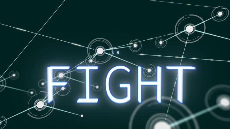 Animation of fight text over network of connections with icons