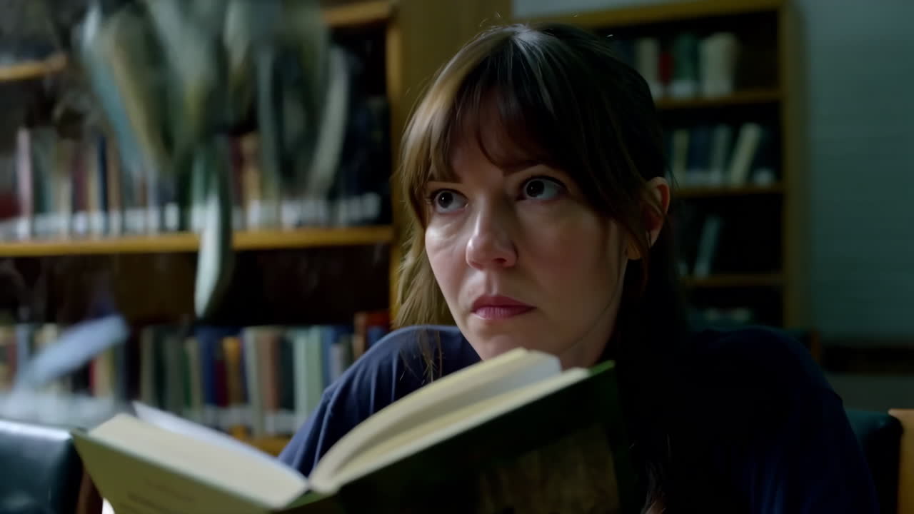 mujer leyendo en una biblioteca
