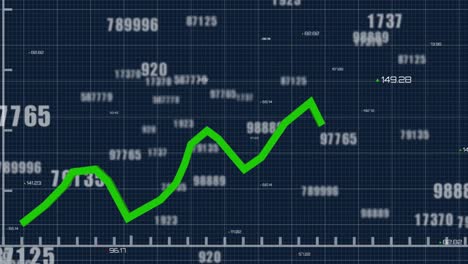 Múltiples-Números-Crecientes-Y-Procesamiento-De-Datos-Estadísticos-Contra-Líneas-De-Cuadrícula-Sobre-Fondo-Azul