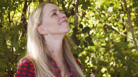 woman in flannel shirt looking up at trees