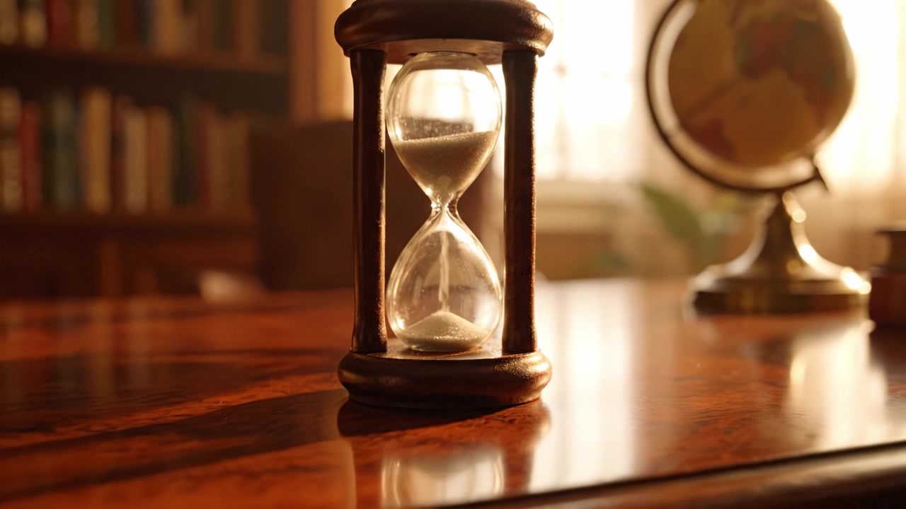Un'elegante clessidra che cattura con grazia il passare del tempo in uno studio accogliente con un'illuminazione calda che si riflette su una scrivania di legno lucido