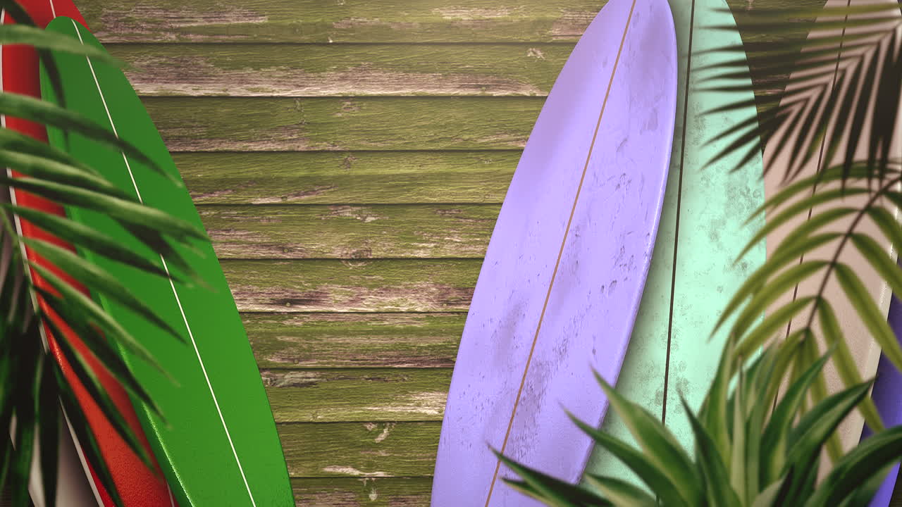 tablas de surf de primer plano y hojas tropicales con fondo de verano 2