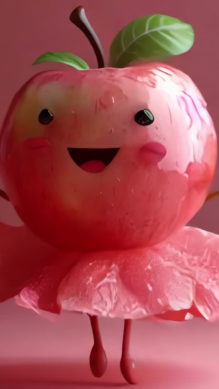 A cartoon apple is wearing a pink tutu and is smiling.