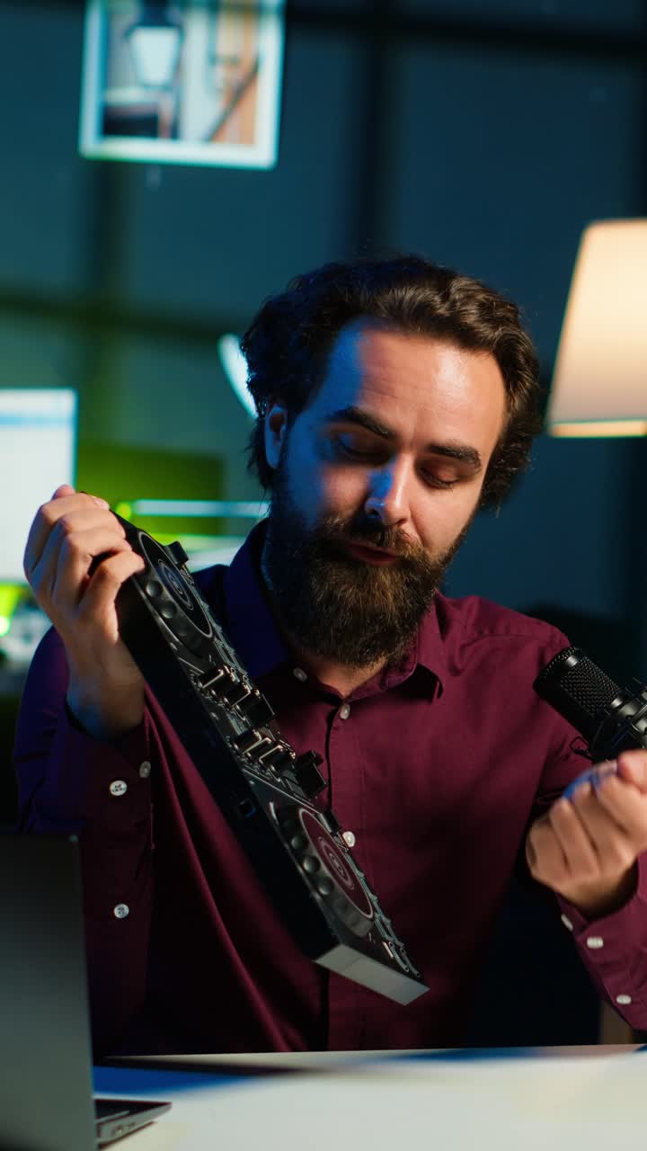 Video verticale. Un uomo riprende una recensione tecnologica e consiglia un controller DJ appena lanciato.