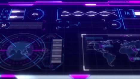 Animation-Der-Datenverarbeitung-Auf-Leuchtenden-Diagrammen,-Grafiken-Und-Einer-Weltkarte-Auf-Einem-Dunklen-Benutzeroberflächenbildschirm