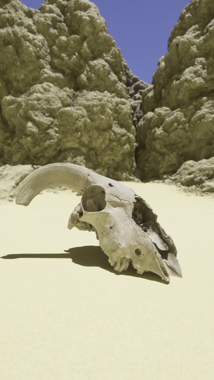 Sundrenched sands hide resting skull ancient bones cast shadows on arid dunes
