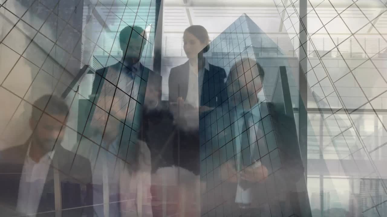 Animation of office building over business people talking in modern office