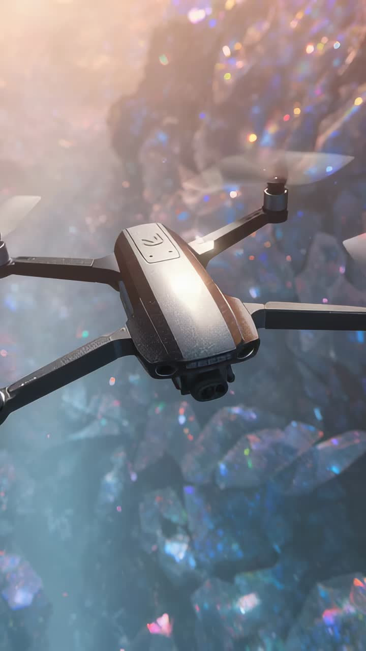 Video verticale: rotori in rotazione, drone che si stabilizza vicino al cristallo in una grotta per ispezionarlo, con gimbal