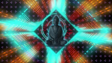 Animation-of-buddha-statue-and-neon-pattern