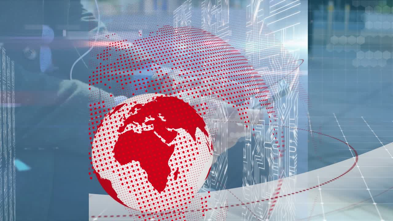 Animation of globe and data processing over caucasian businessman using smartphone