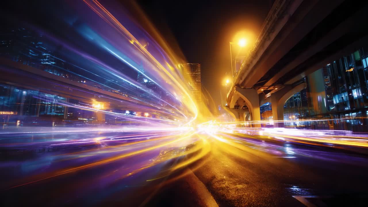 Dynamic Urban Nightscape: An Artistic Visualization of Motion and Light in a City Environment, Capturing the Essence of Speed and Energy through Bright Luminescent Trails Amidst Infrastructure