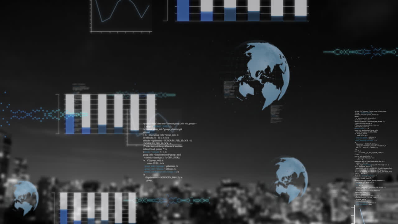 Financial data charts and global connections animation over cityscape background