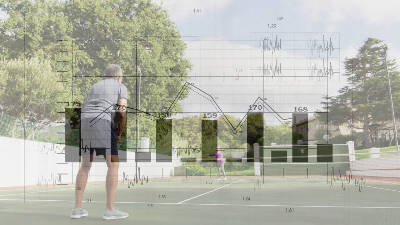 Senior man and woman playing tennis court-side, showcasing tech charts graphs waveforms