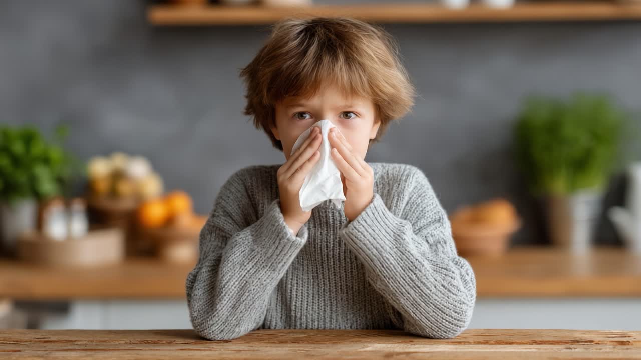 A Young Child Feeling Unwell: Tender Moments of a Boy Experiencing Cold Symptoms While Wiping His Nose with a Tissue at Home