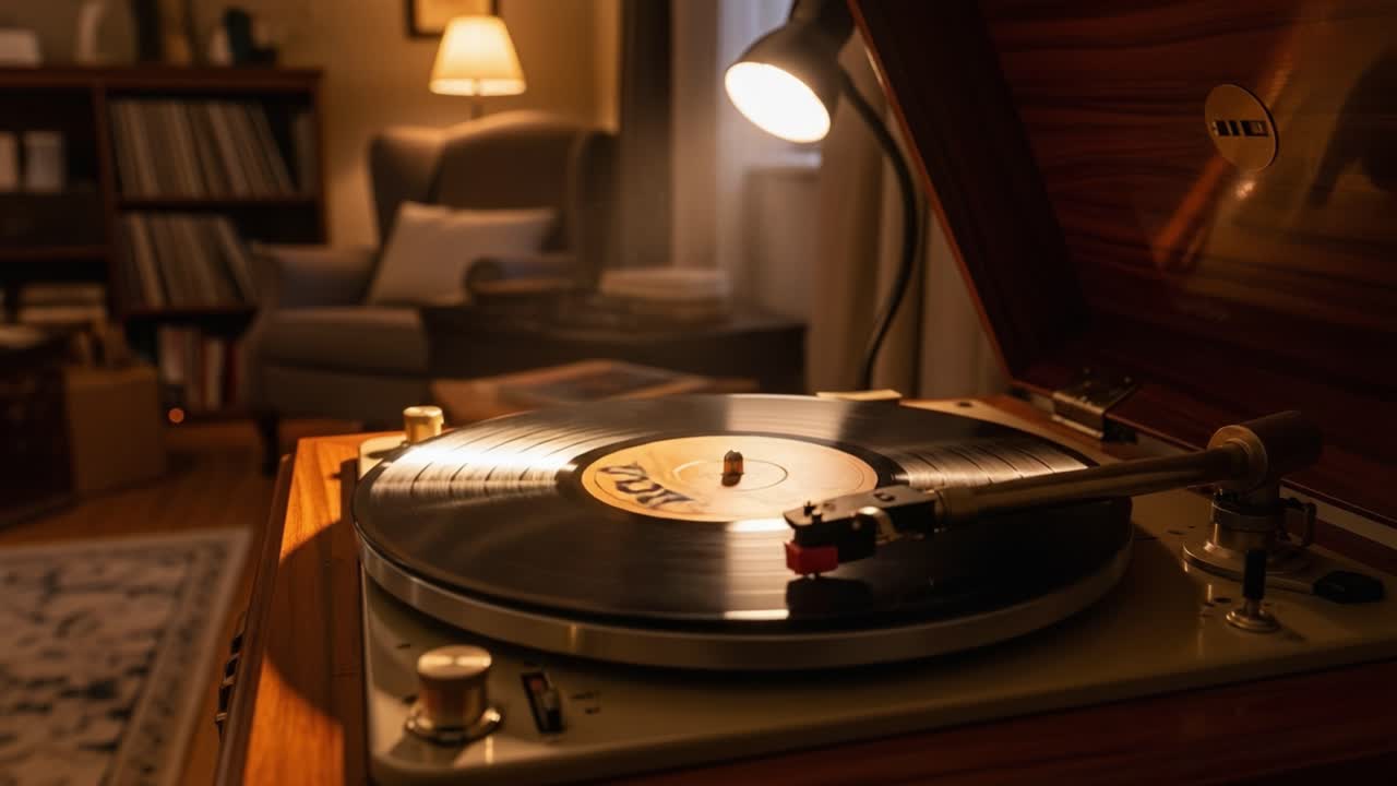 A Nostalgic Evening with Vinyl: Experience the Warmth of Classic Records Spinning on a Turntable, Illuminated by Soft Lamplight in a Cozy Living Room Setting