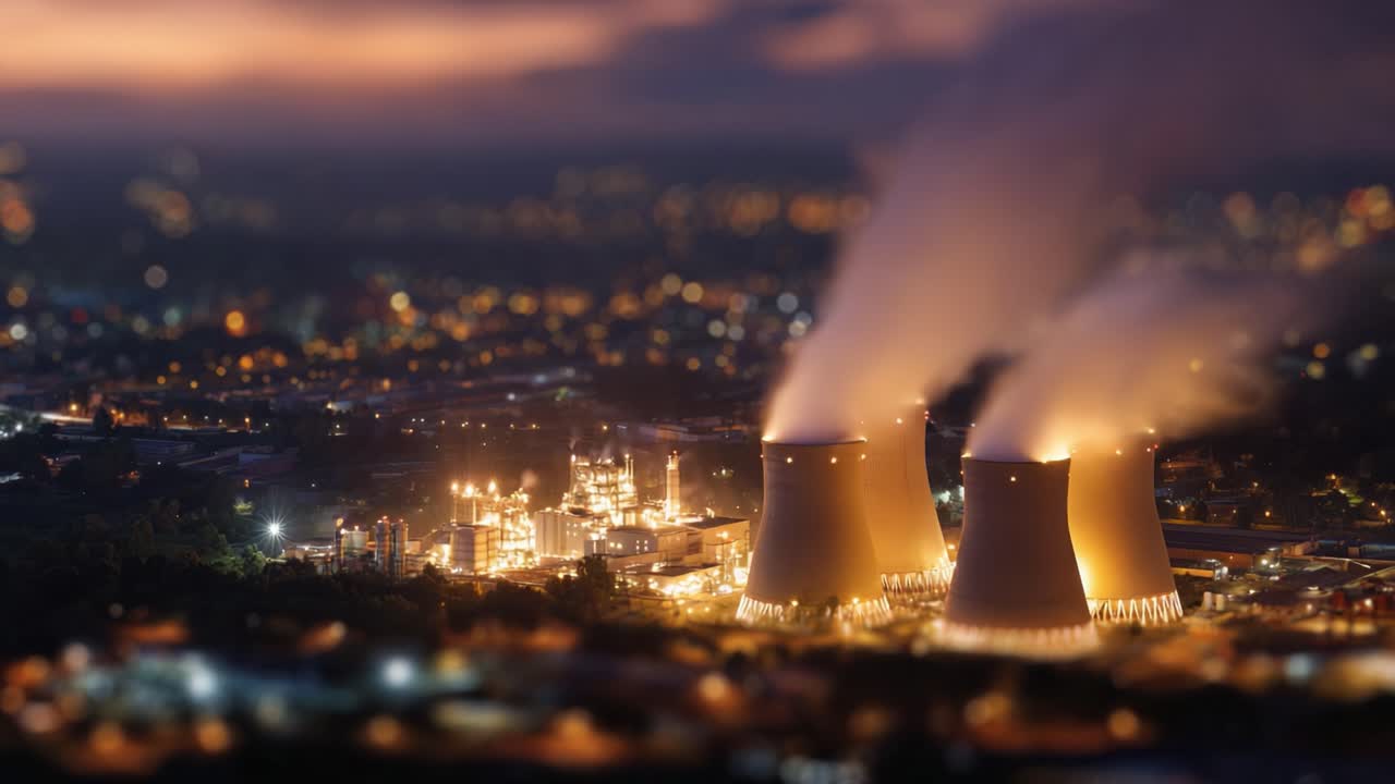 Una impresionante vista aérea de torres de refrigeración con emisiones de vapor al atardecer, que muestra la arquitectura industrial y las luces de la ciudad de fondo