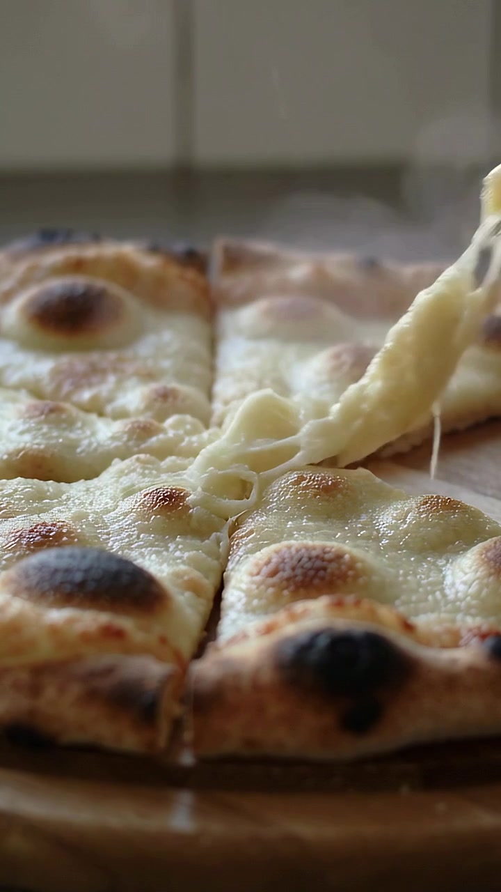 Video verticale: Sollevamento di una fetta di pizza, separazione per servire in cucina, formaggio fuso che fila