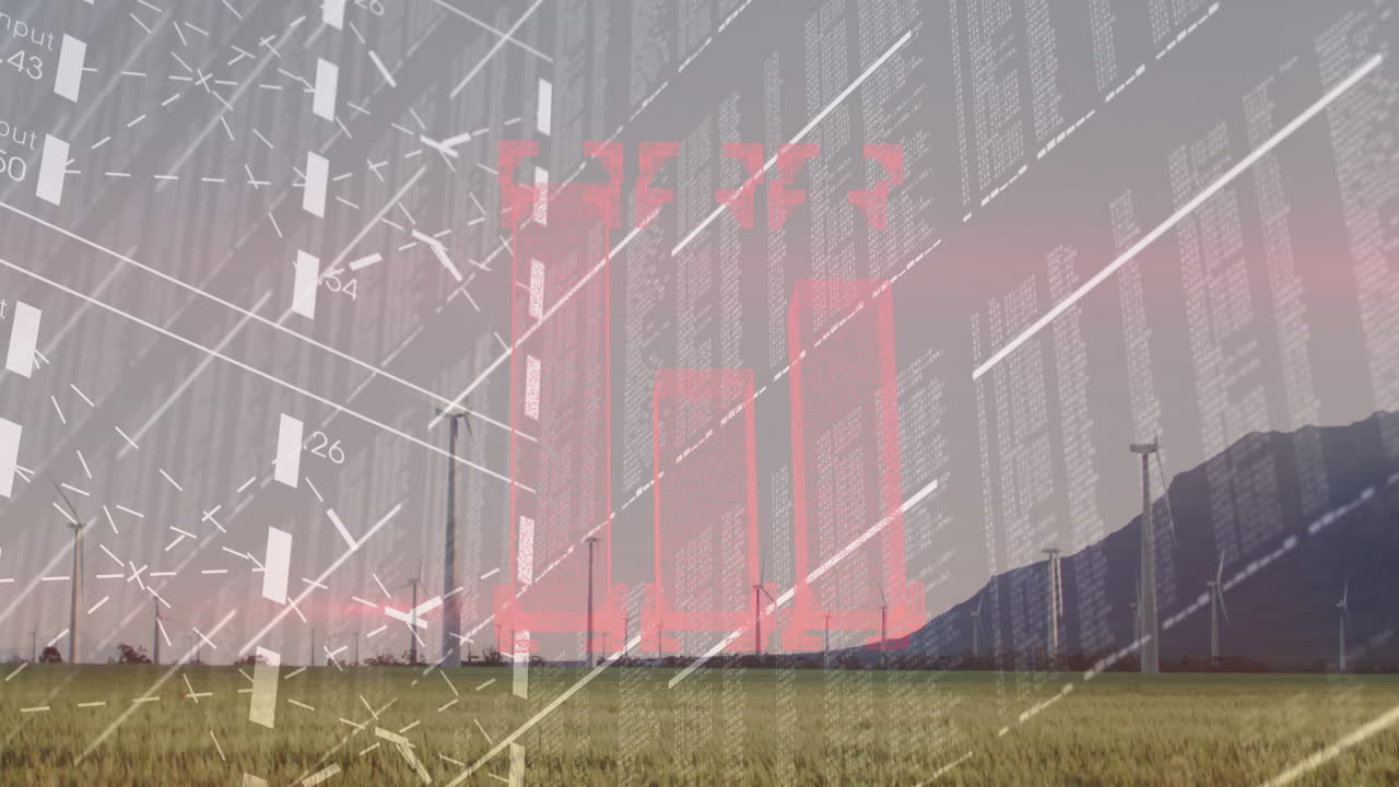 Digital data and coding animation over rural landscape with mountains