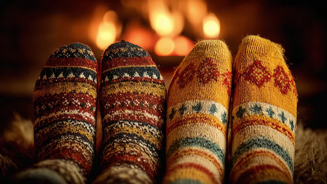 A Cozy Evening by the Fireplace Featuring Colorful Patterned Socks Next to Each Other, Capturing the Essence of Warmth, Comfort, and Togetherness in a Homely Setting