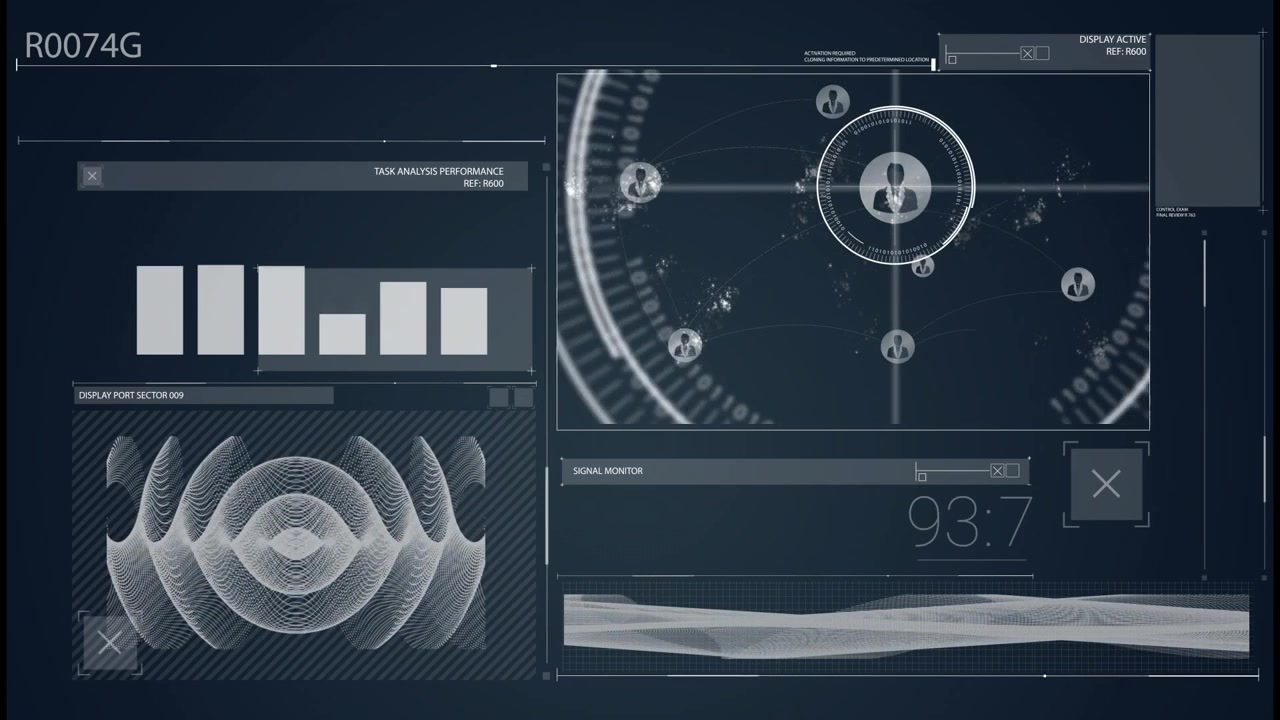 Animation of digital data processing over dark background