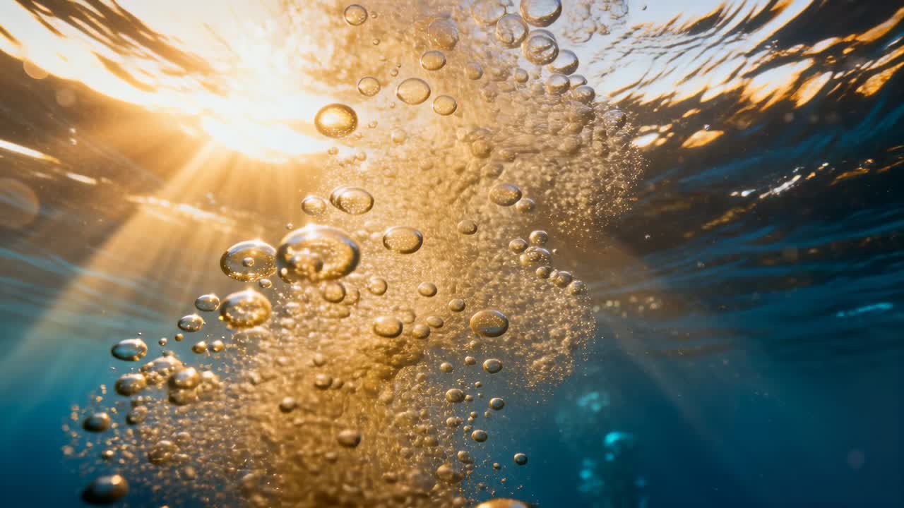 Escaping gas forming bubble column rising toward sunlit surface beneath water, with lens flare