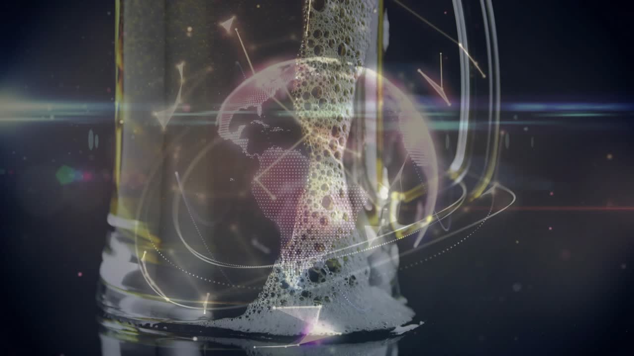 Data lines emerging sparking mug holding foam column bubbles merging globe forming showing data