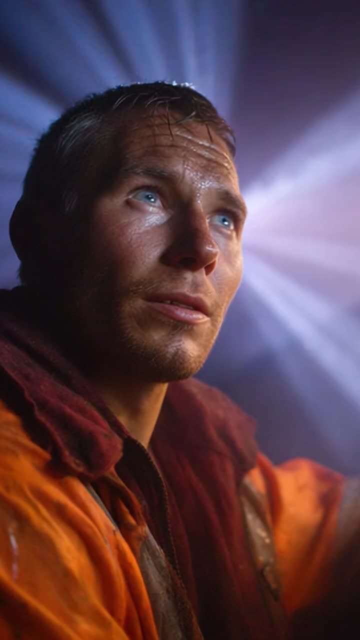 A contemplative figure gazes upwards, illuminated by beams of light in a dramatic setting, embodying hope, determination, and resilience amidst adversity