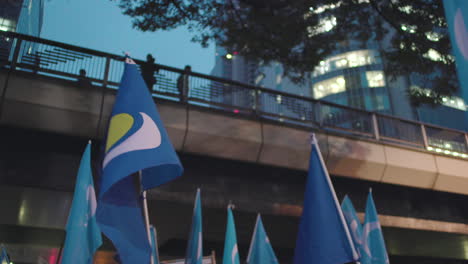 inner mongolian people's party and uyghuristan flags fluttering in the wind held by protesters against ccp in tokyo, japan at night