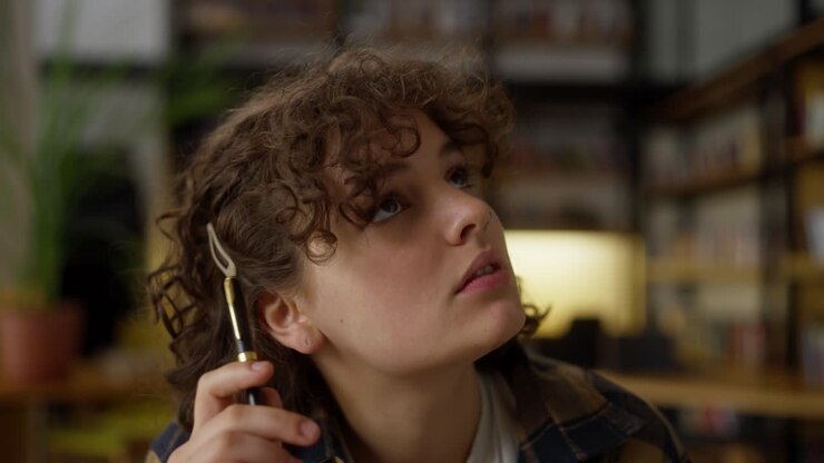 A pensive brunette girl with curly hair looks up to both sides while thinking at the table in the library