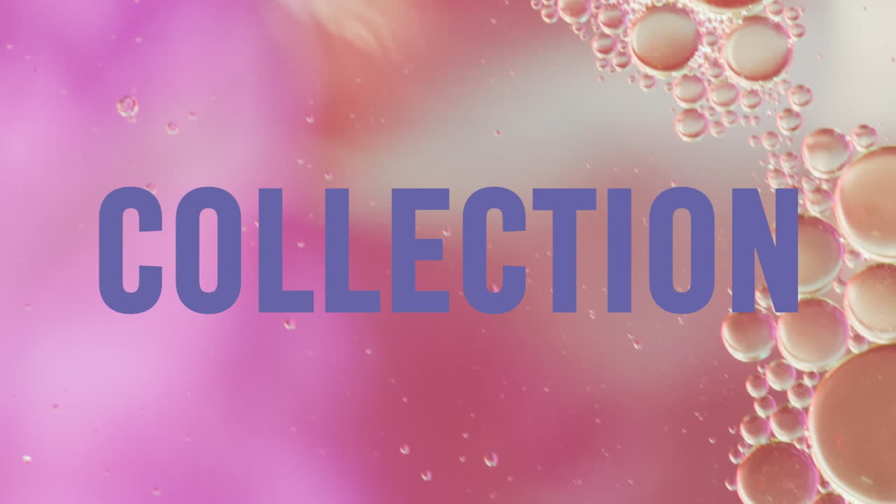 animación del nuevo texto de la colección sobre el primer plano de líquidos y bolas.