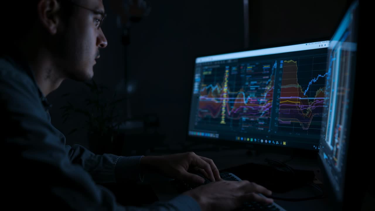 Male analyst viewing two monitors, reacting to blue trend, moving mouse and typing to trade finance
