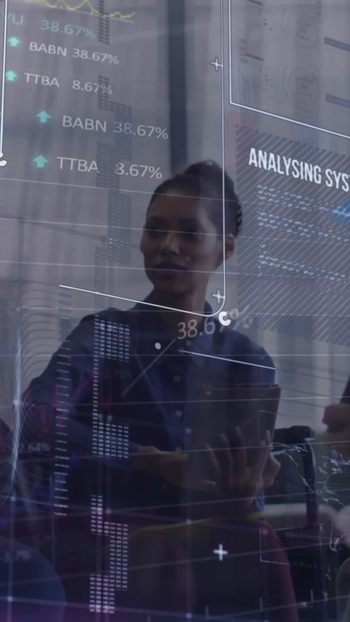 Animation of graphs, texts, trading board, computer language, diverse coworkers discussing reports