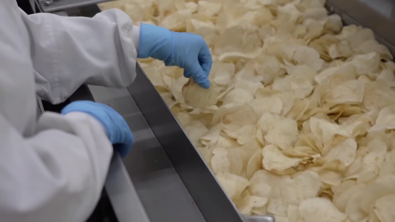 Workers remove burnt potato pieces on a conveyor