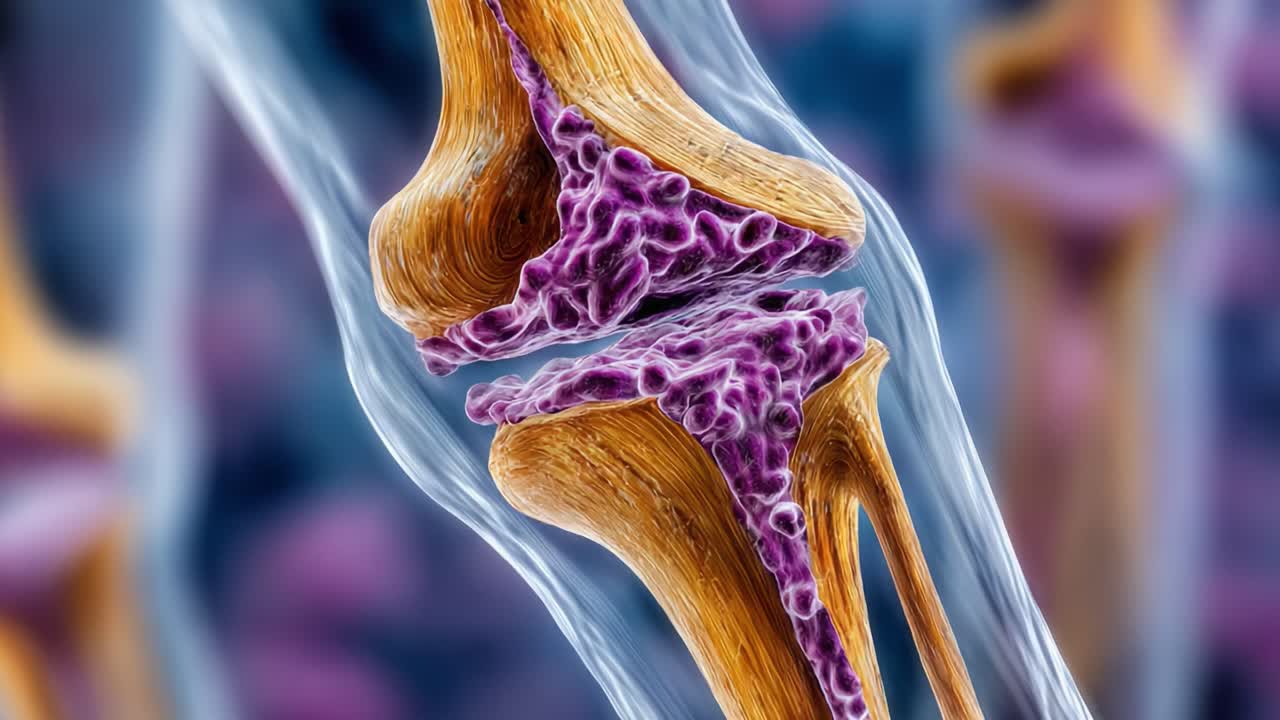 Detailed Illustration of the Knee Joint Structure Highlighting Bone, Cartilage, and Synovial Features in a Dynamic 3D Representation
