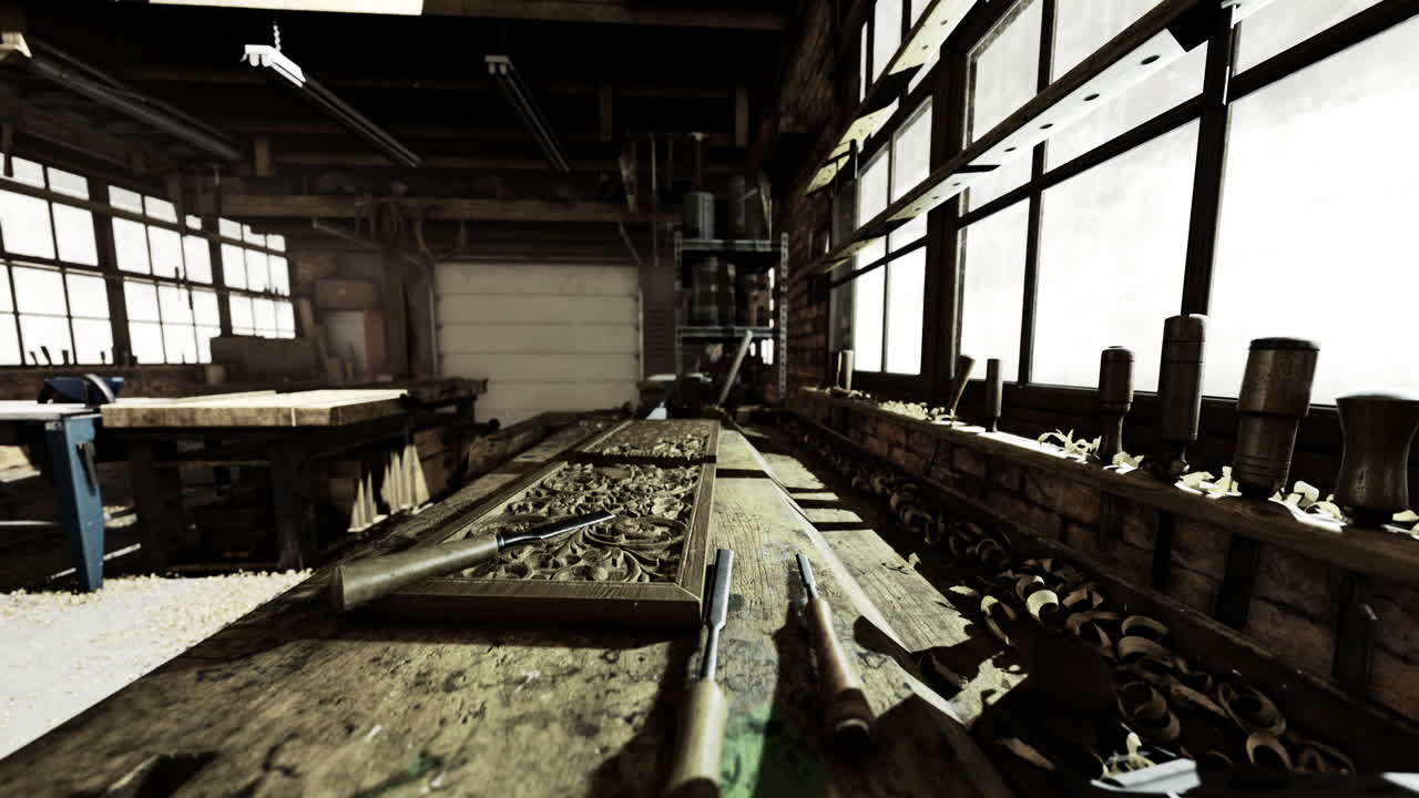 Woodworking craft studio showcases intricate designs and tools at workbench