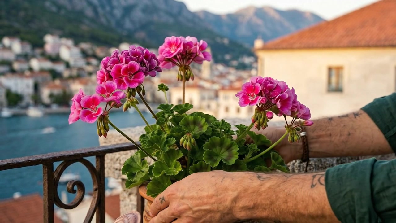Hands planting blooming flowers in garden box