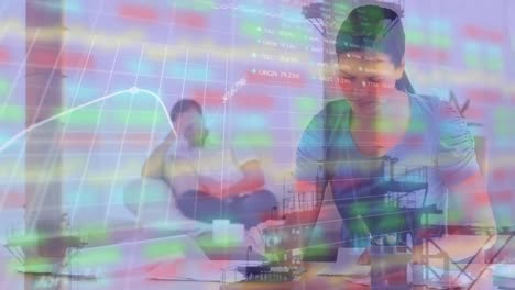 animación de gráficos, tablero de negociación, torres sobre una pareja caucásica estresada calculando facturas.