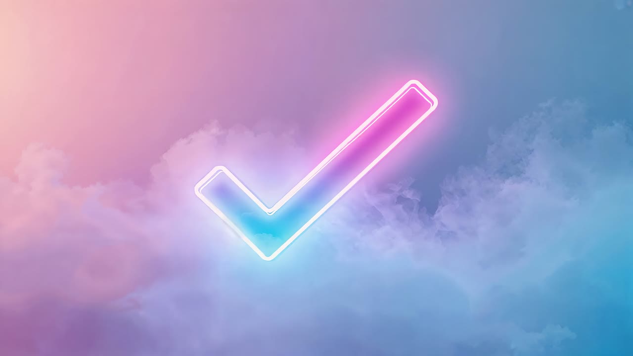 Starting animation neon check mark pulsing and glowing over cloud bank, signaling confirmation halo